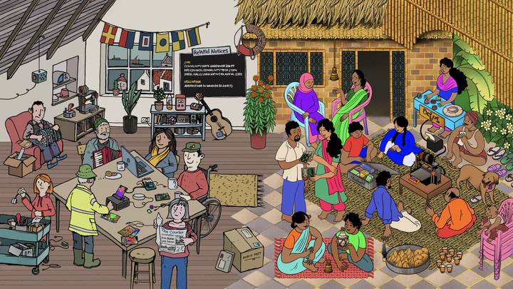 An illustration of two places side by side. On the left, in a Scottish harbour-town workshop, people make and mend electronics around a shared table under a blackboard headed ReWild Notices. On the right, a family in an Indian village courtyard 3D print, share food and look after a baby.
